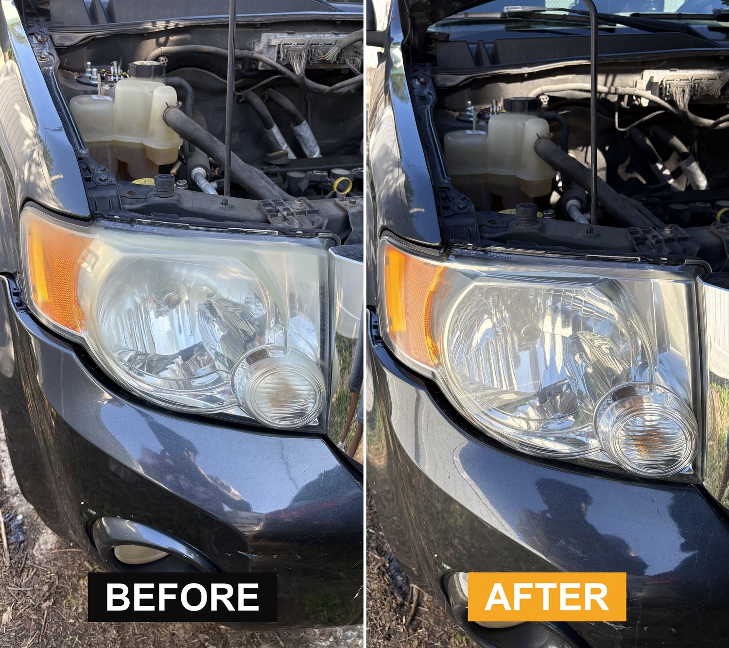 Before and after headlight restoration on a dark blue Ford Escape by Precision Details in Exton, PA &mdash; cloudy oxidized lens sanded, polished and UV-sealed back to clear