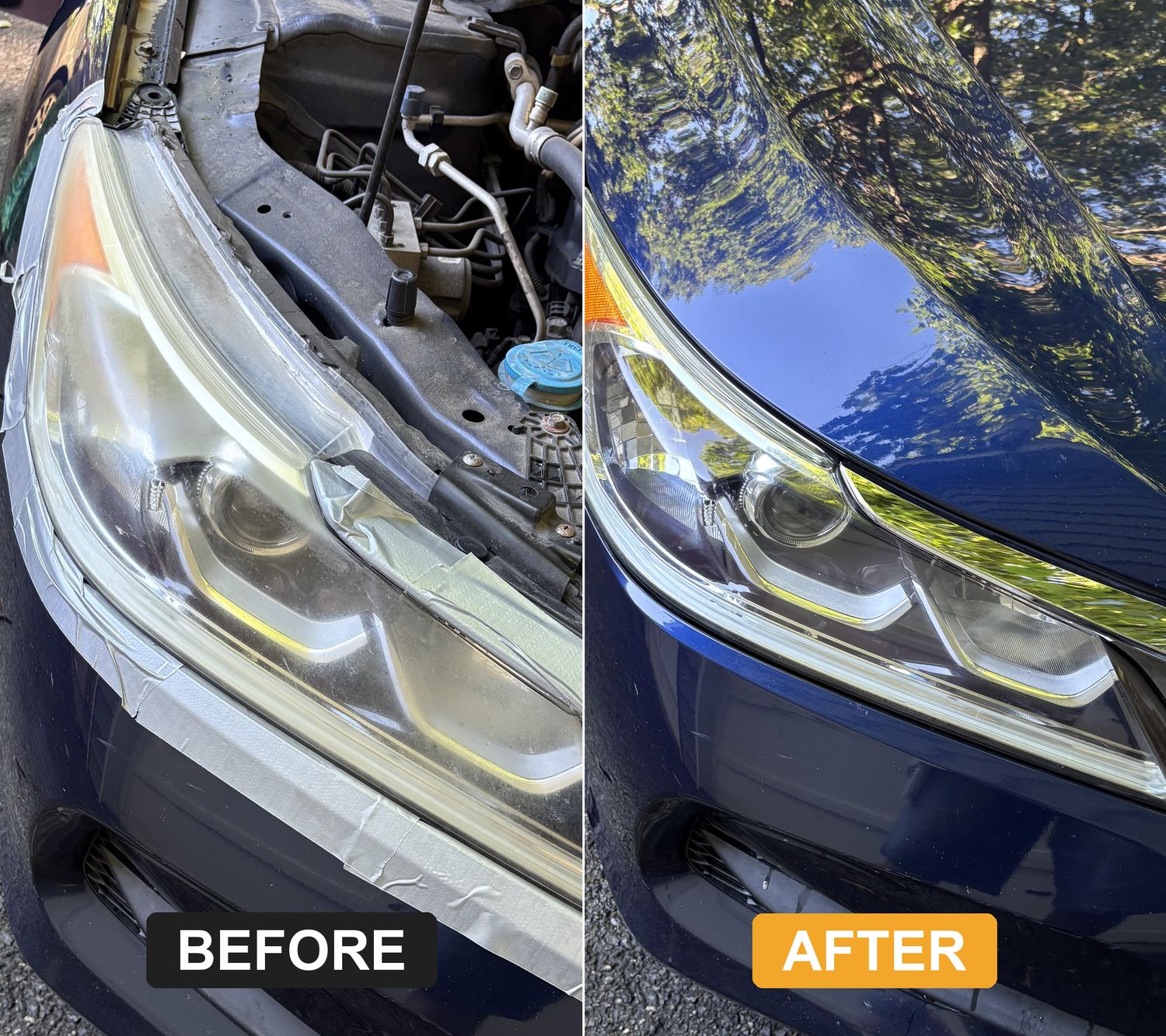 Before and after headlight restoration on a dark blue Honda Accord by Precision Details in Downingtown, PA — cloudy oxidized lens restored to clear and UV-sealed
