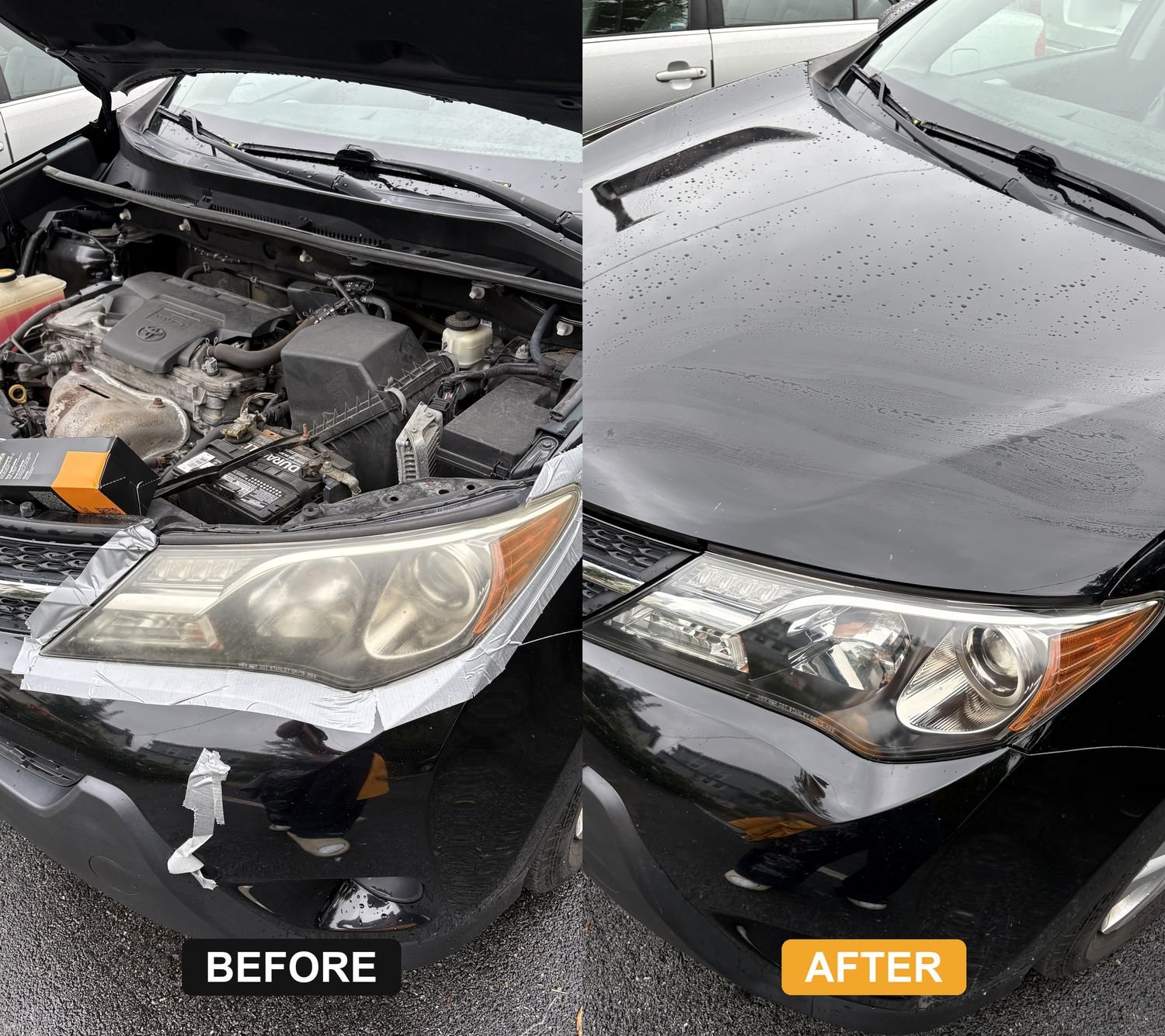 Before and after headlight restoration on a black Toyota RAV4 by Precision Details in Coatesville, PA — yellowed hazy housing sanded, polished and UV-sealed back to clear